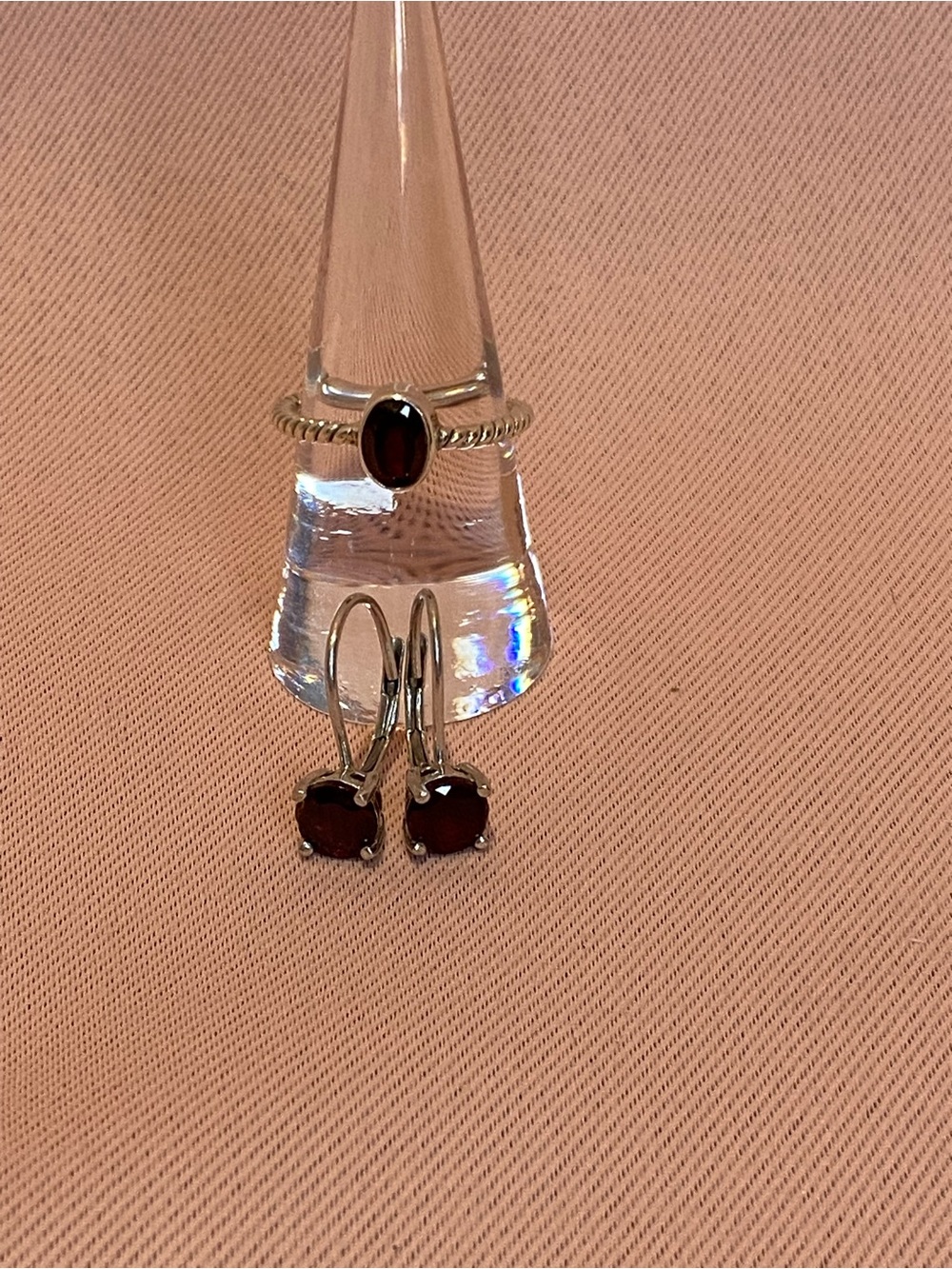 Sterling Silver Garnet Ring and Drop Earrings Set